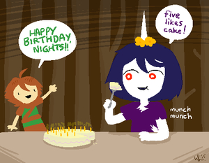 artist:williamunderscore birthday cake character:five character:nino eating fork // 450x350 // 18.3KB